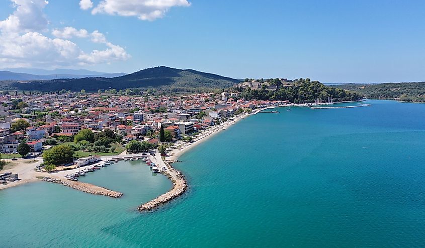 Aerial drone photo of iconic medieval castle built in small hill overlooking city of Vonitsa, Ambracian gulf, Greece