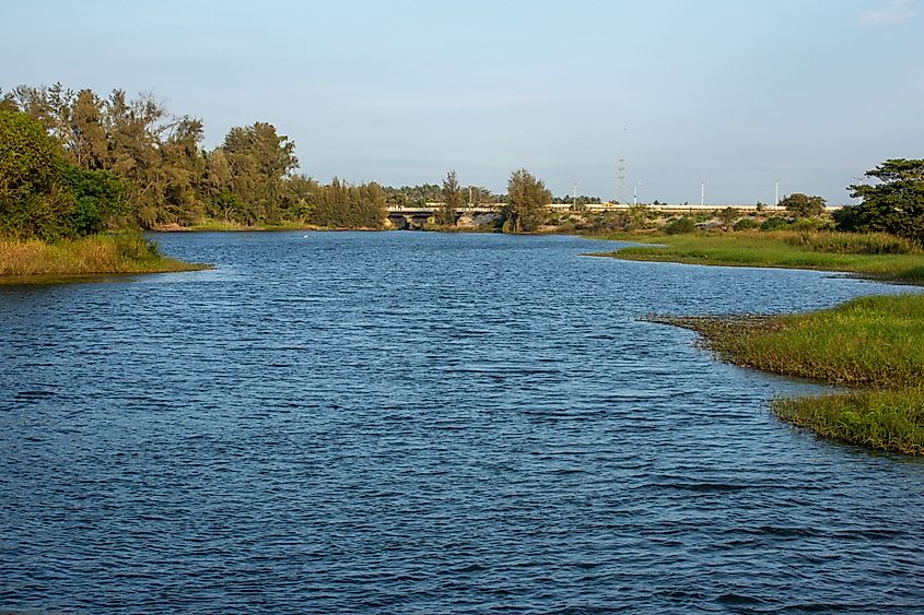 The Kaveri River as seen from the Brindavan Gardens Bridge in KRS Dam, Mysore, Karnataka, India. 