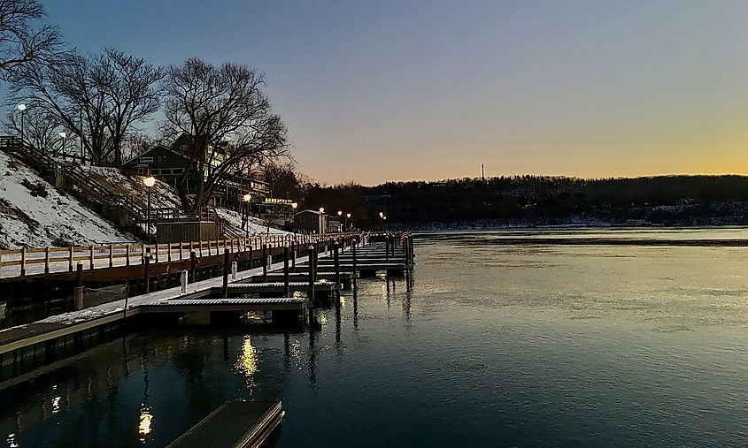 A tranquil view southward along the Niagara River from the waterfront landing in Lewiston, New York,