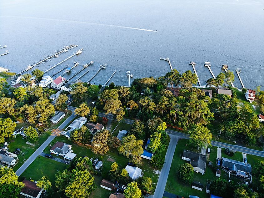 The aerial view of the residential area and waterfront homes near Millsboro, Delaware