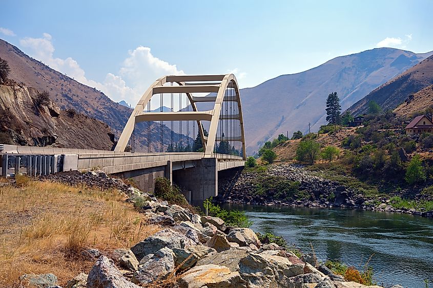 The Time Zone Bridge crosses the Salmon River at Riggins in Idaho, USA.