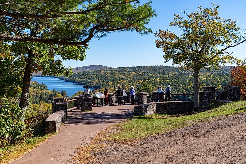 Tourists enjoy the view from Brockway Mountain Lookout in Michigan