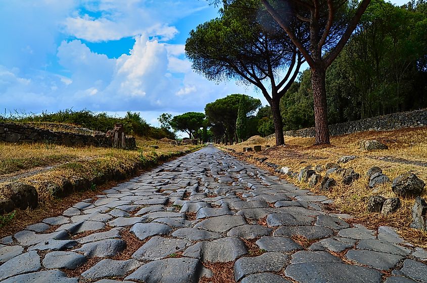 Ruins of the Via Appia Antica (ancient Appian way) in Rome, Italy.