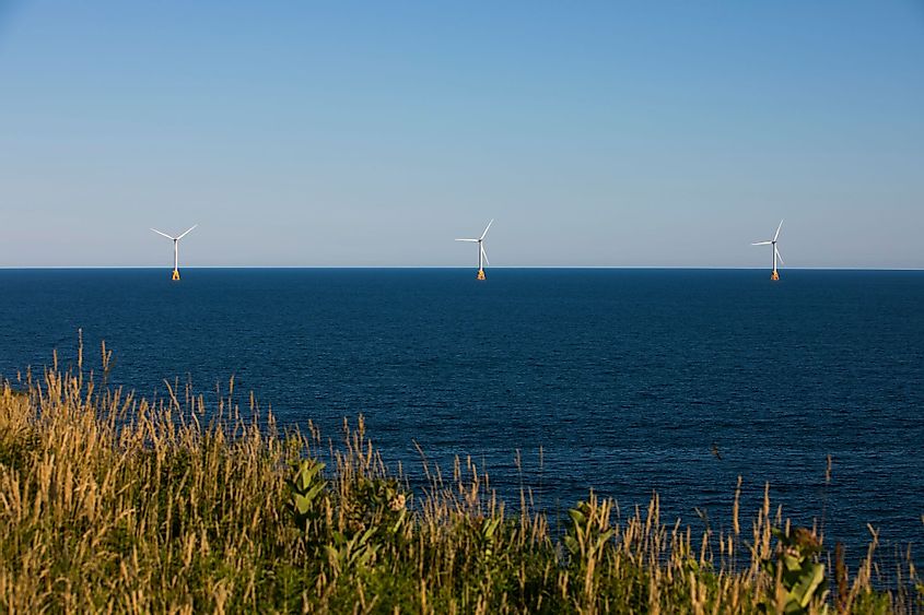 Wind turbines stand off the shores of Block Island. 