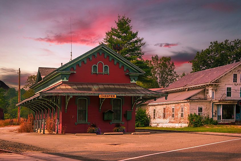 Old Chester Railway Depot in Chester, Vermont, built in 1871 as a hub on the Rutland Railroad line, a popular passenger excursions on the Green Mountain Railroad at sunset
