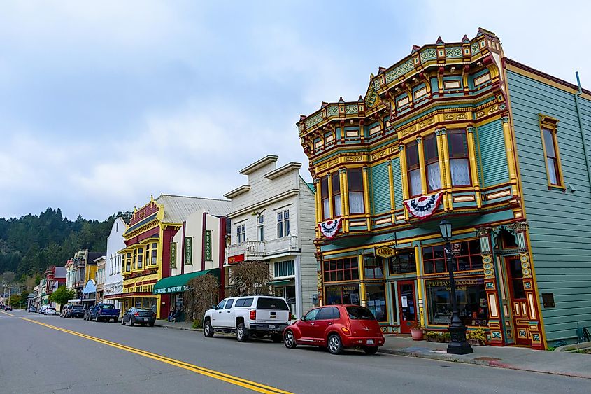 Victorian storefronts line the Ferndale Main Street Historic District in Ferndale, California, USA.