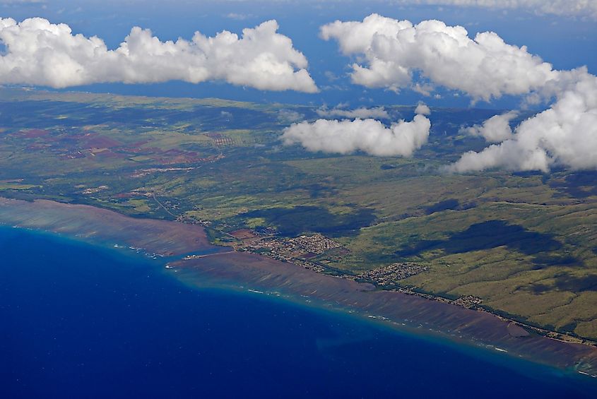 Arial view of south coast of Molokai at Kamiloloa Kaunakakai and plantations