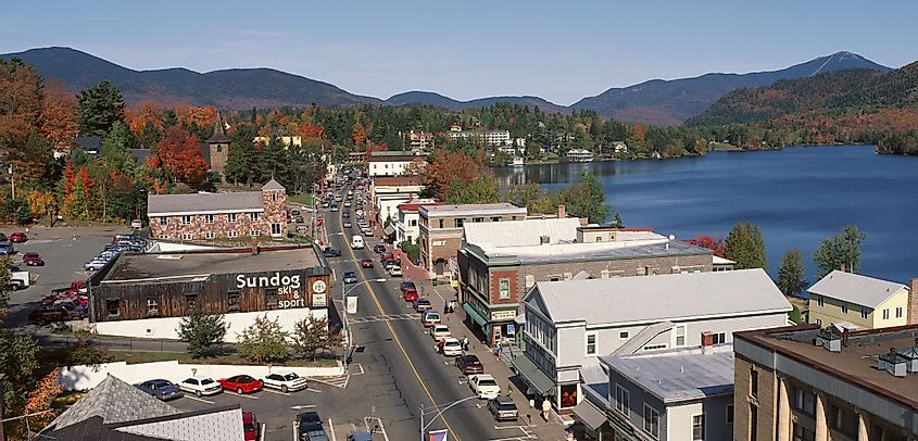 Aerial view of a street in Lake Placid, New York