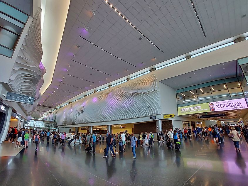 Passengers pass through the central part of the brand new terminal at Salt Lake City International Airport.