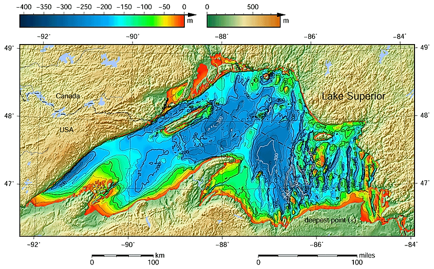 Lake Superior bathymetric shaded relief map contoured with interval 25 m (100 m with thicker lines). The deepest point, roughly off its southeastern shore, is marked with "×." 