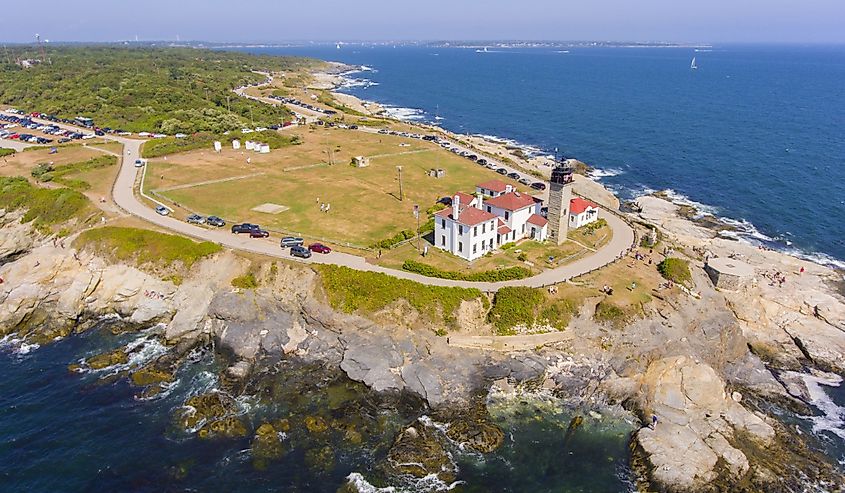 Beavertail Lighthouse in Beavertail State Park aerial view in summer, Jamestown, Rhode Island