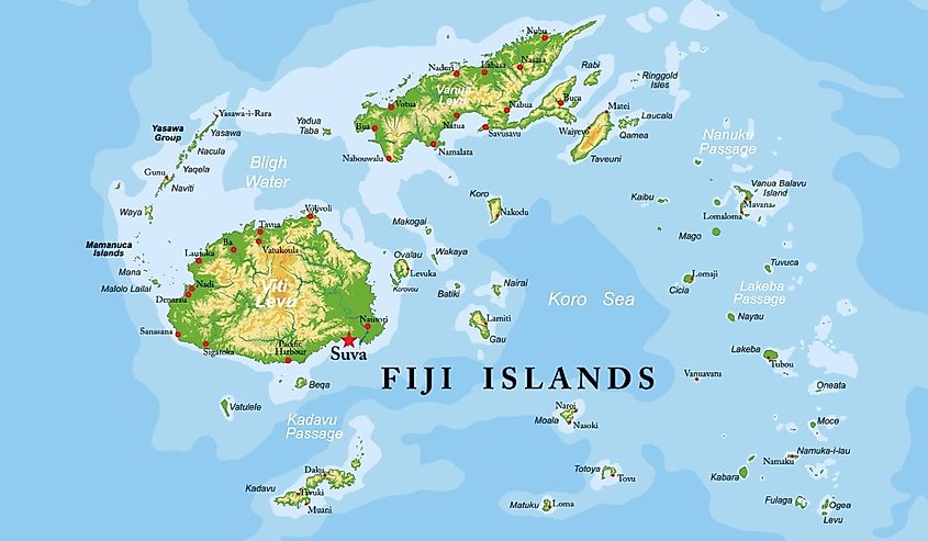 Fiji islands and the Koro Sea highly detailed physical map