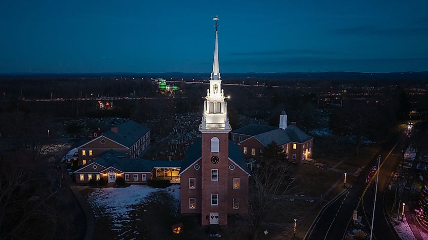 Aerial view of the First Church of Christ in Wethersfield, Connecticut