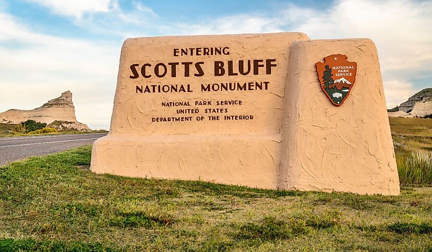 Entrance welcome sign to Scotts Bluff National Monument in Scottsbluff, Nebraska.