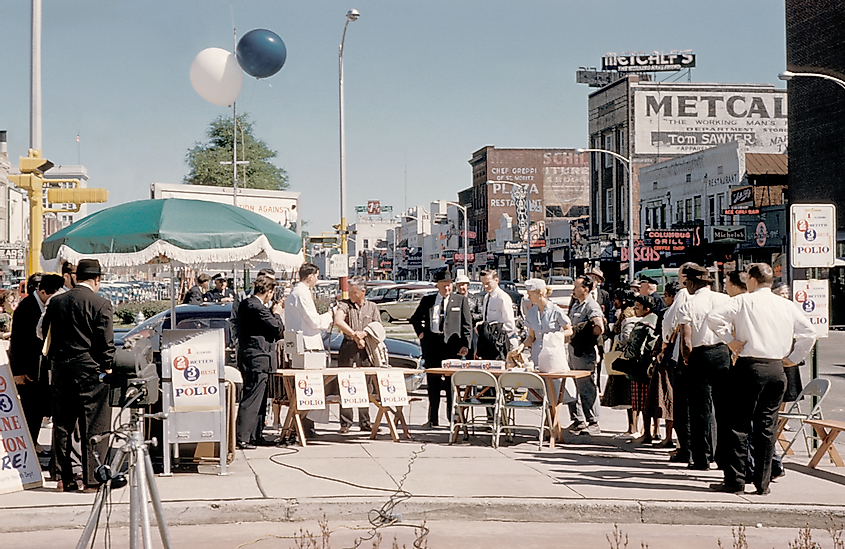 People in Columbus, Georgia awaiting polio vaccination during the earlier days of the National Polio Immunization Program.