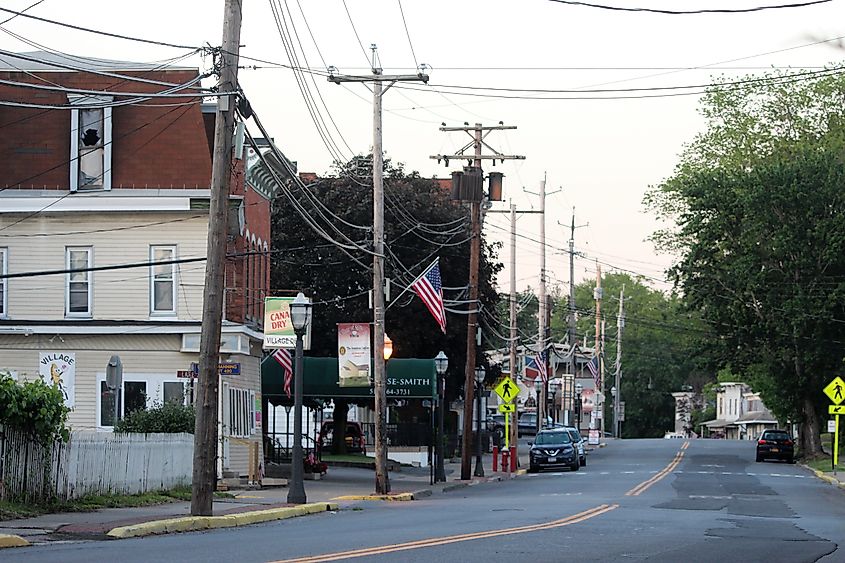 A strip of businesses down the thoroughfare of the village of Stillwater, New York