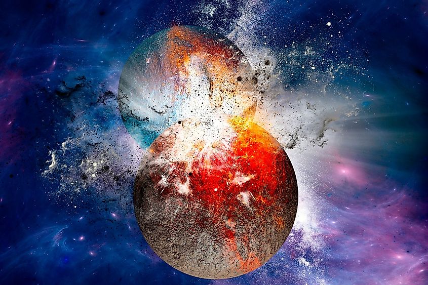 Impact between planets formation of new worlds, big bang, Theia and Earth impact and formation of the Moon