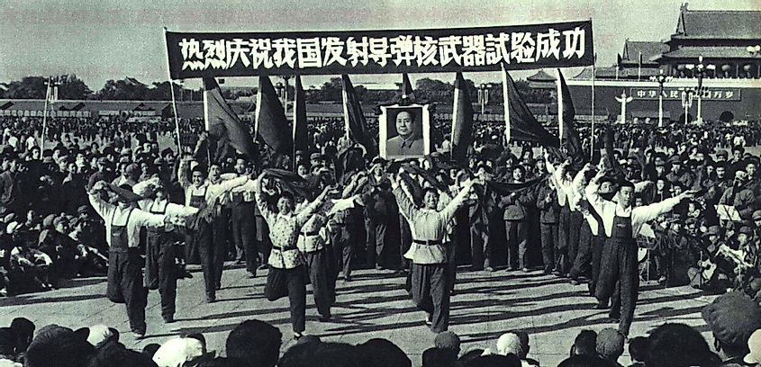 A celebration of Chinese nuclear missile tests in Tiananmen Square in Beijing in 1966.
