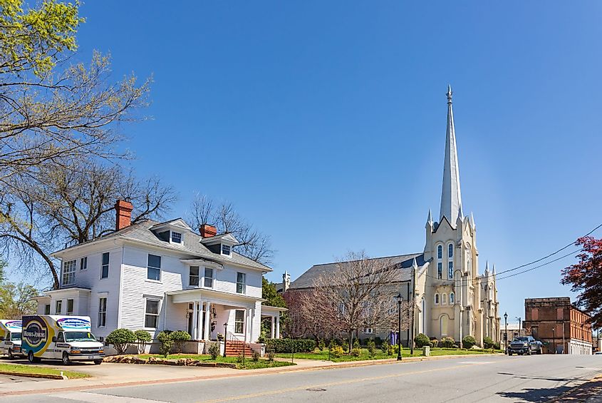Front diagonal view of historic 1914 Gillespie House and First Presbyterian Church buildings in York, South Carolina