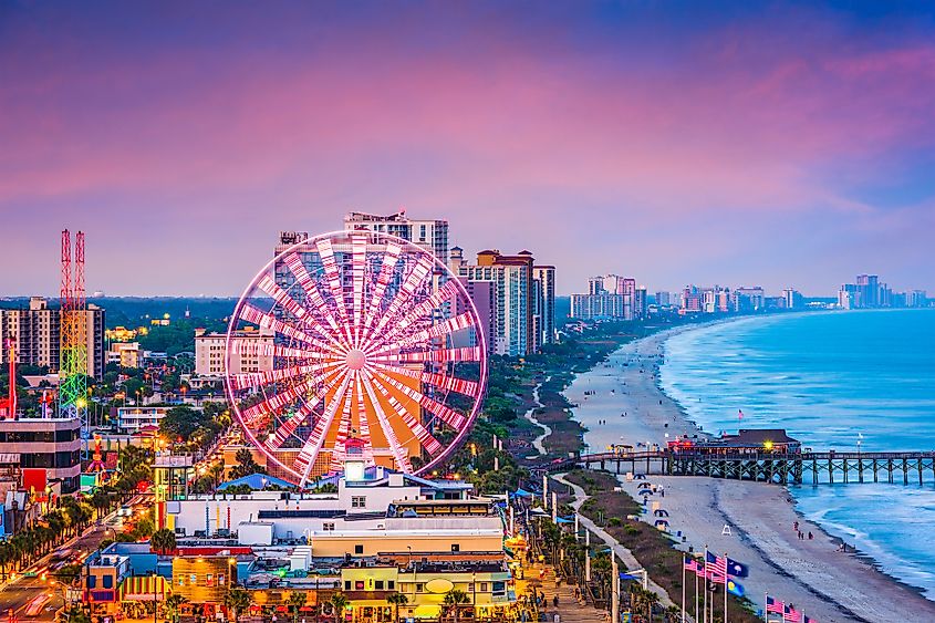 The beach and Atlantic shoreline at Myrtle Beach, South Carolina.