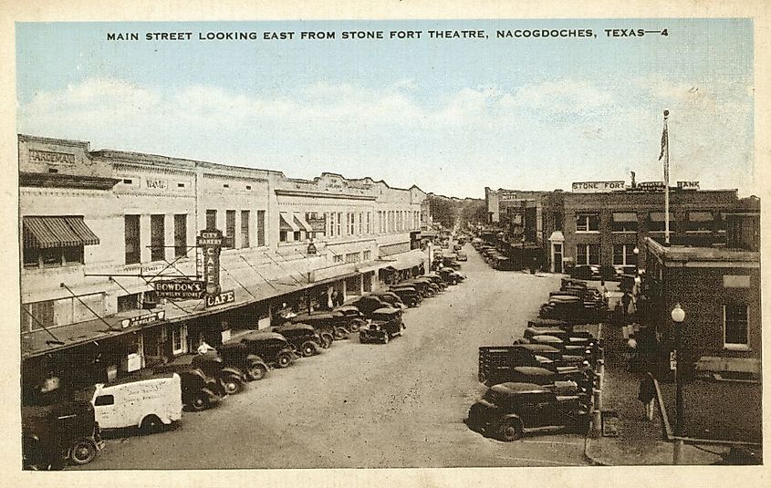 Postcard of Main Street in Nacogdoches, c. late 1930s