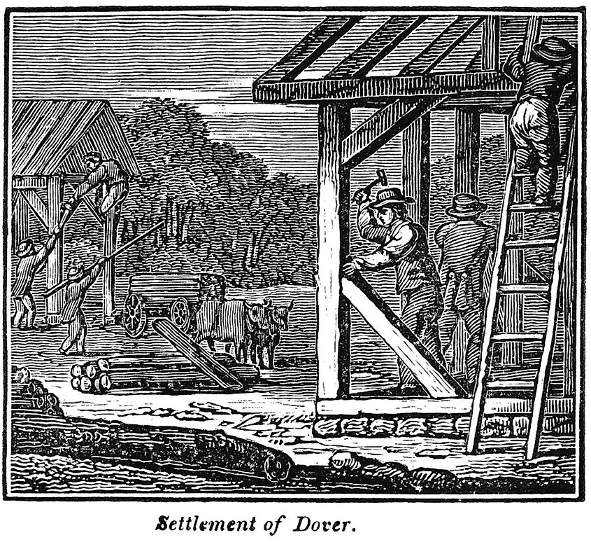 1830 wood engraving of colonists settling Dover, New Hampshire in 1623.