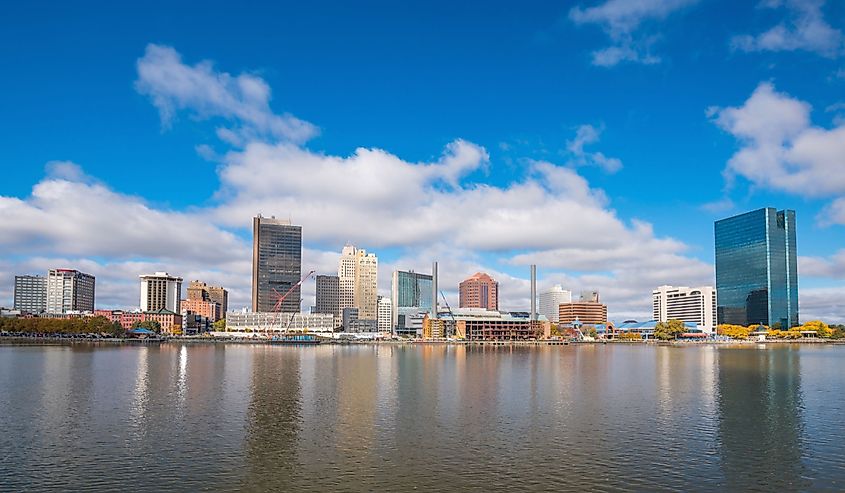 Downtown Toledo skyline in Ohio, seen across Maumee River