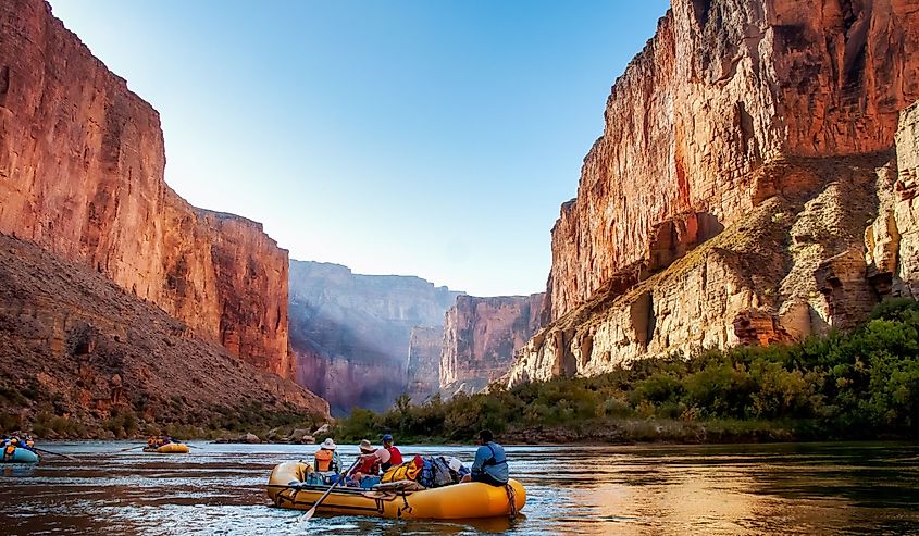 Rafting on The Colorado River in the Gran Canyon at sunrise