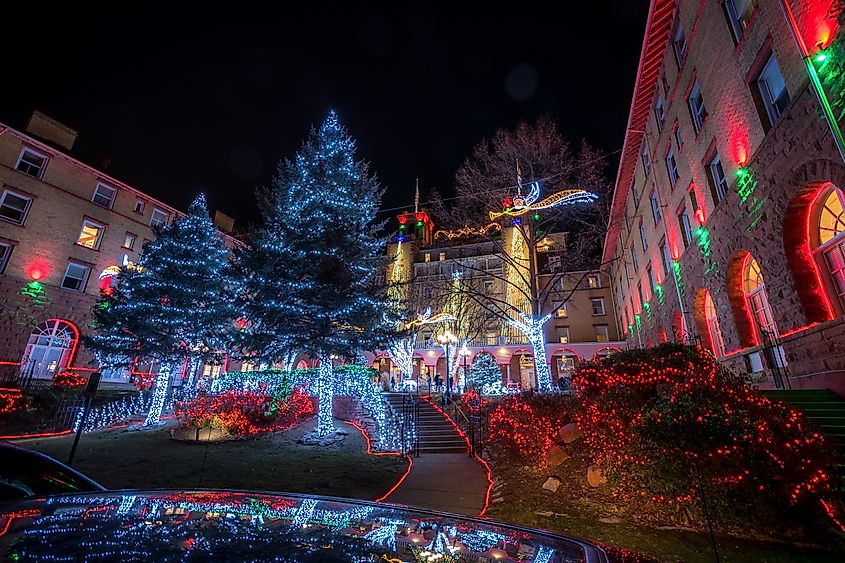 The Hotel Colorado is illuminated with Christmas Lights during the Festive Christmas Season in Glenwood Springs, Colorado.