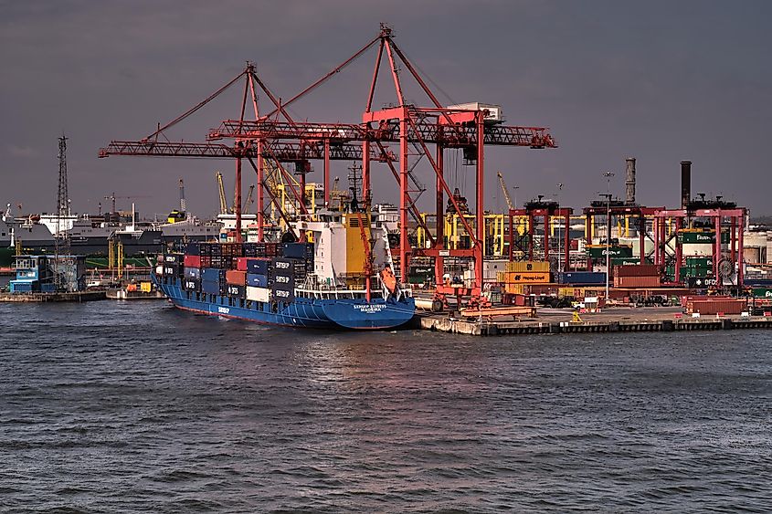 The port in Dublin on the Irish Sea with container vessels.