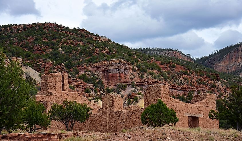 The archaeological remains of a native american giusewa pueblo and spanish colonial mission at jemez historic site in Jemez Springs, New Mexico