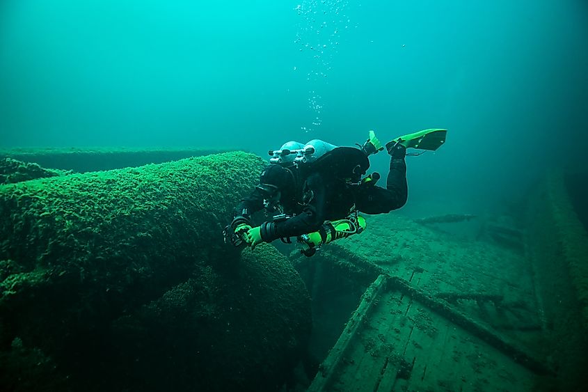 Diver exploring the shipwreck, Dolphin in the Straits of Mackinac.