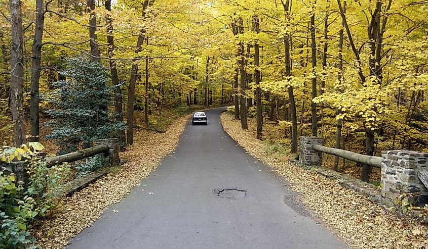 A car traveling on scenic Route 29 in New Jersey