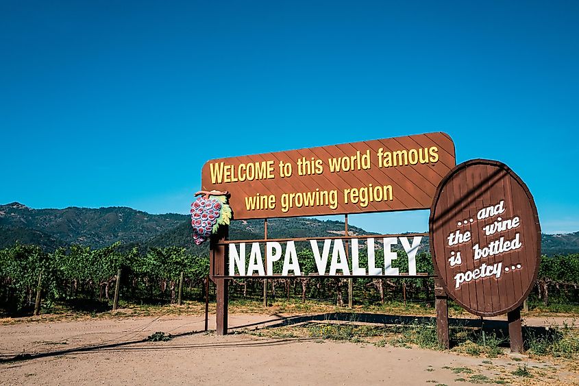 The Napa Valley welcome sign in Napa Valley, California.