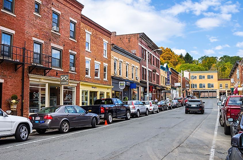 Railroad Street lined with traditional brick buildings, colorful shops and restaurants