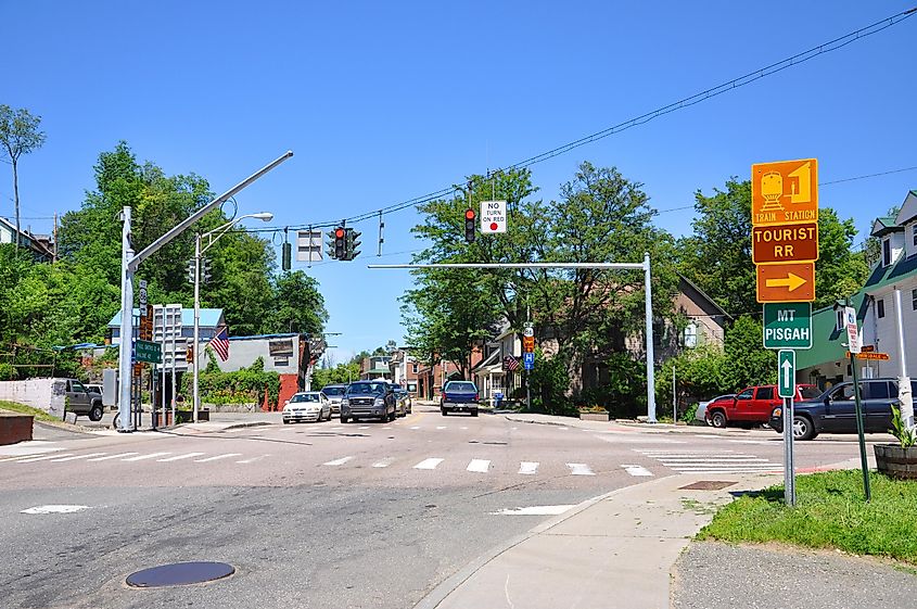 Main Street in village of Saranac Lake in Adirondack Mountains, New York