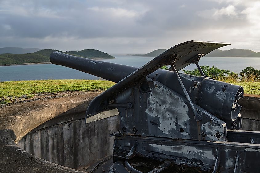 Cannon on Green Hill Fort, Torres Strait, a historic world war 2 monument landmark. 