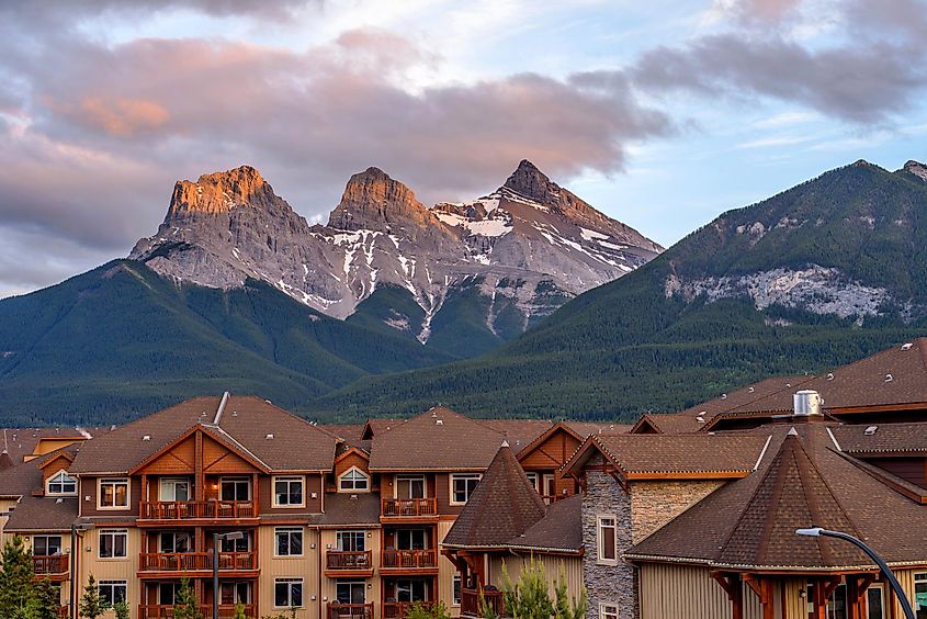 The Three Sisters Mountain, seen from town of Canmore, Alberta.