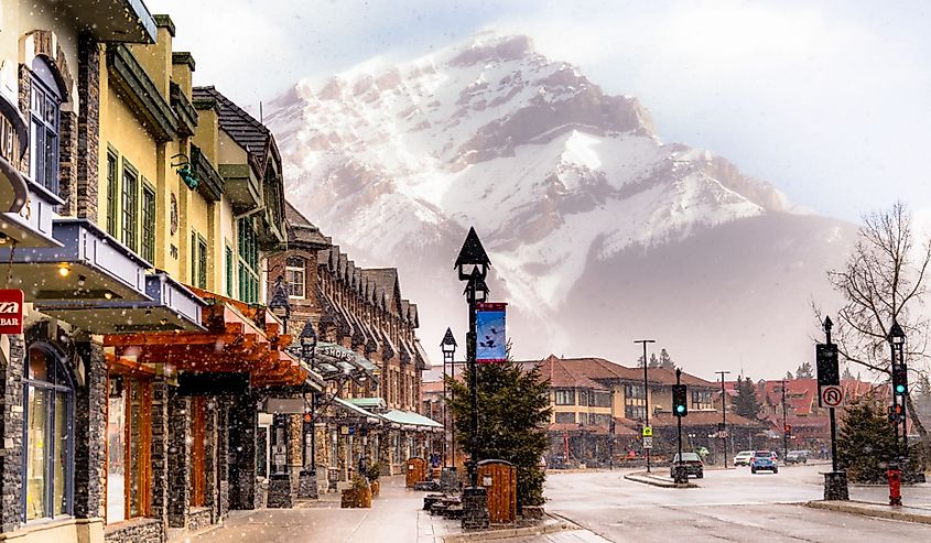 Scenic street view of Banff, Alberta in winter