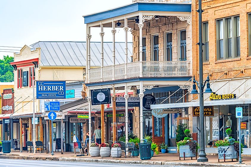 The shoppes in old historic buildings along Main Street through Fredericksburg, Texas