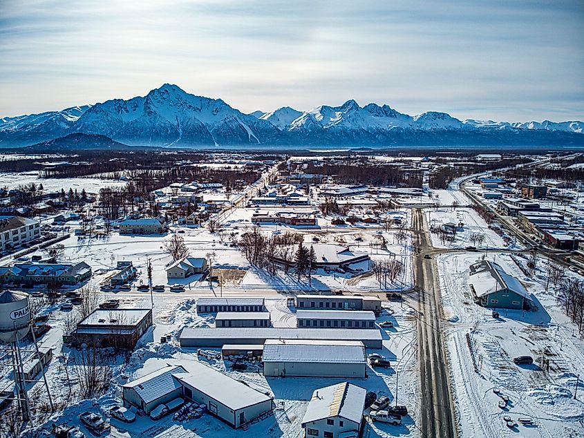 An aerial of downtown Palmer, Alaska.
