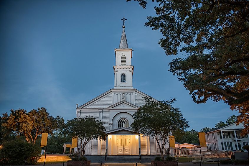 Frontal View of Historic St. Charles Borromeo Catholic Church at Nightfall in Grand Coteau Louisiana