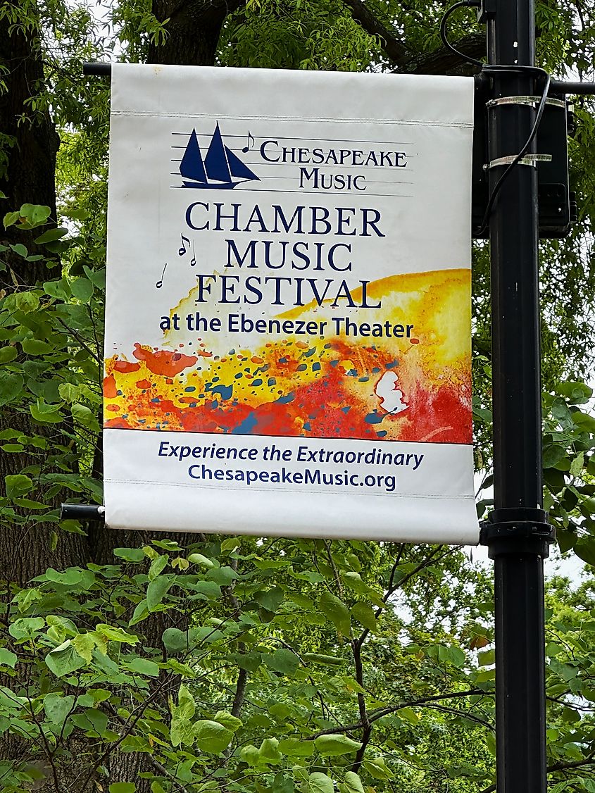 Easton, Maryland, USA-May 23, 2025: A banner for Chesapeake Music's Chamber Music Festival on Harrison Street in May, 2025.