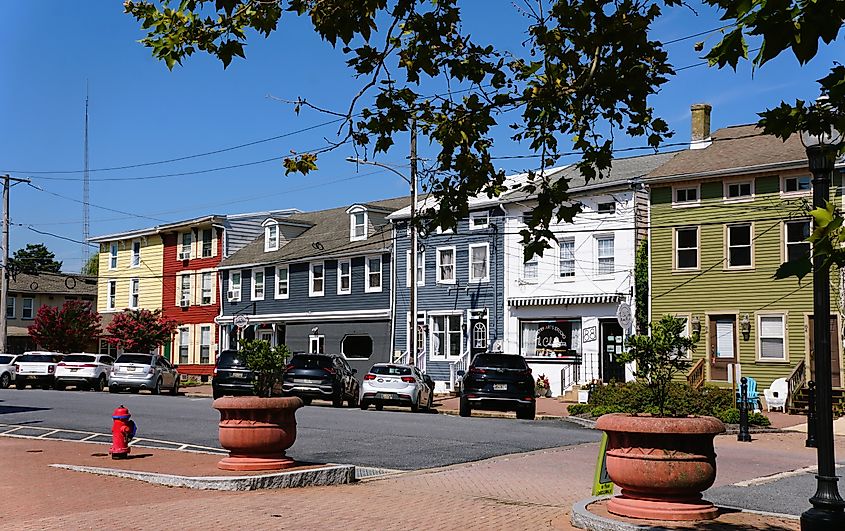 Quaint townhouses and little shops in Delaware City, Delaware.