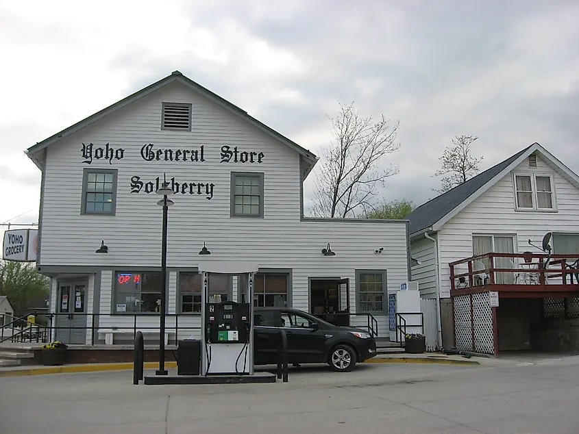 Front of the Yoho General Store on State Road 43 at the central intersection of Solsberry, Indiana