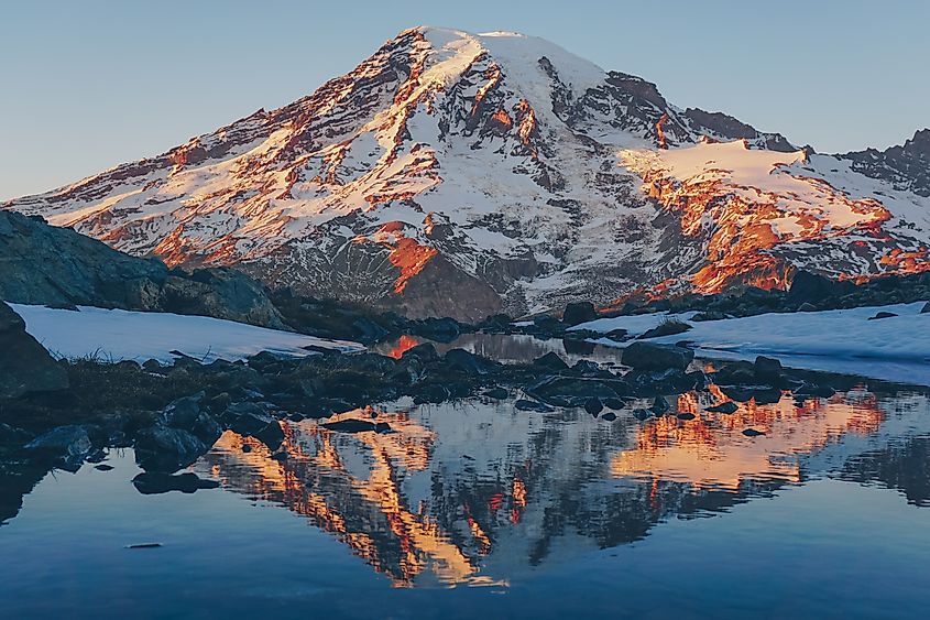 Mount Rainier's reflection at sunset.