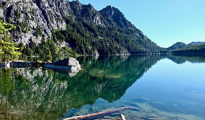 Mountain reflection in Snow Lake. Enchantment Lakes Basin. Leavenworth.