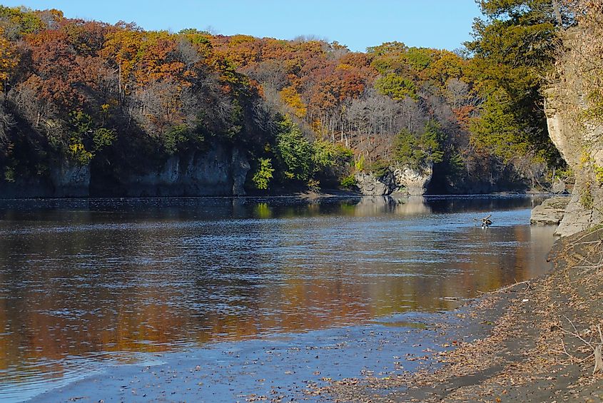 Bluffs on the Cedar River in Iowa as leaves change color in fall