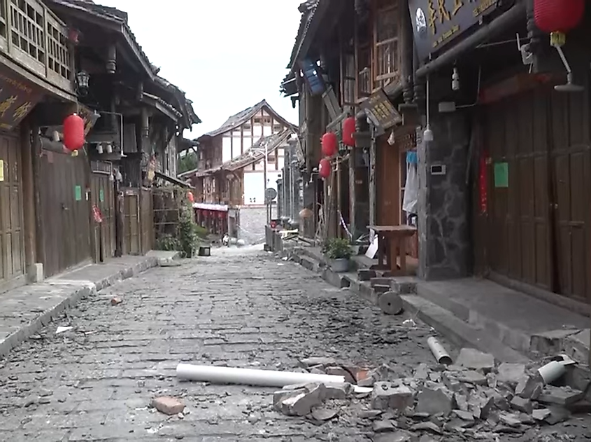Damage along a street after the Luding earthquake in China in 2022