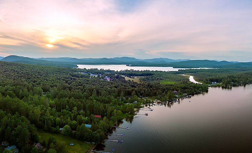 Aerial view of Speculator, New York with Lake Pleasant in the front. July 11, 2022.